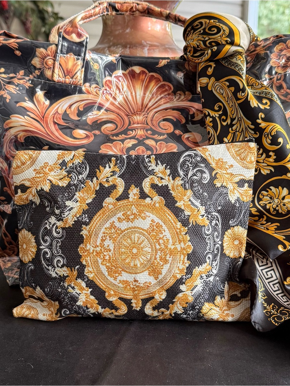 Stunning & Stylish Black and Gold Baroque Print Handbag, Scarf & Linen Case Set.